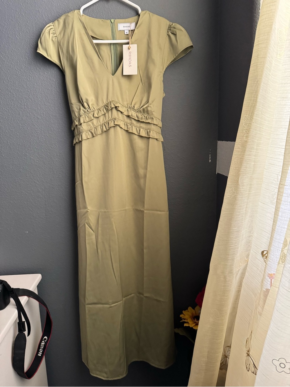 RIHOAS Olive Green V-Neck Ruffle Maxi Dress